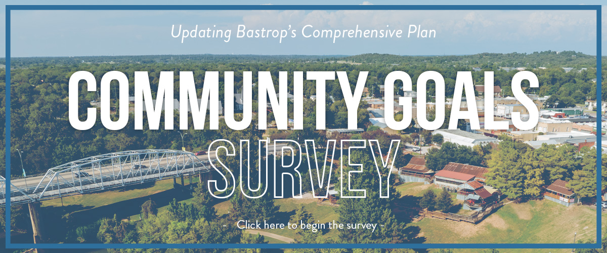 Graphic for Community Goals survey, picture of Bastrop with bridge